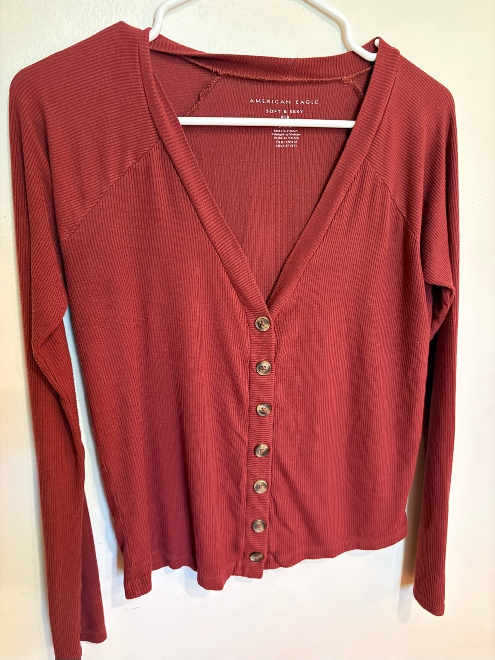 American Eagle Women's Rust Button-Front Ribbed long sleeve tee cardigan small